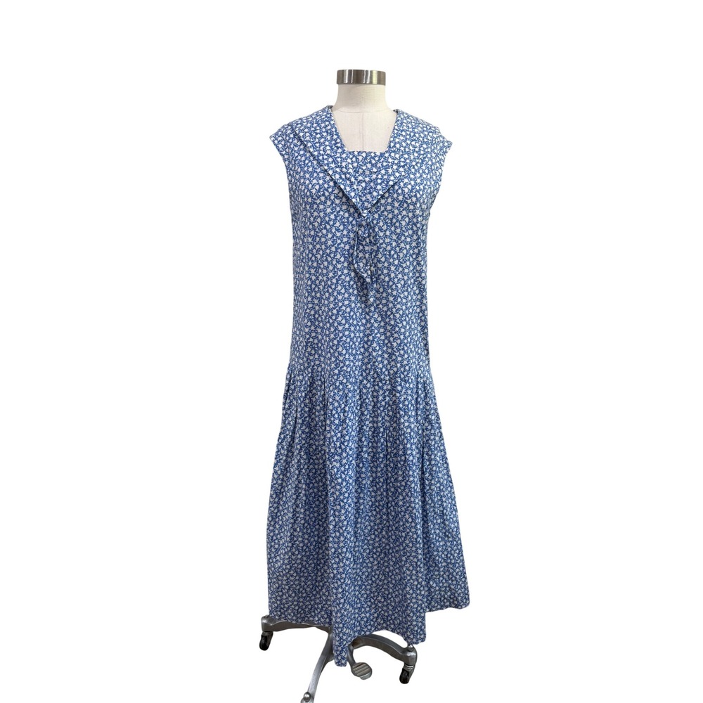 VTG Laura Ashley Blue Floral Sailor Collar Drop Waist Midi Dress UK Made Sz S/M